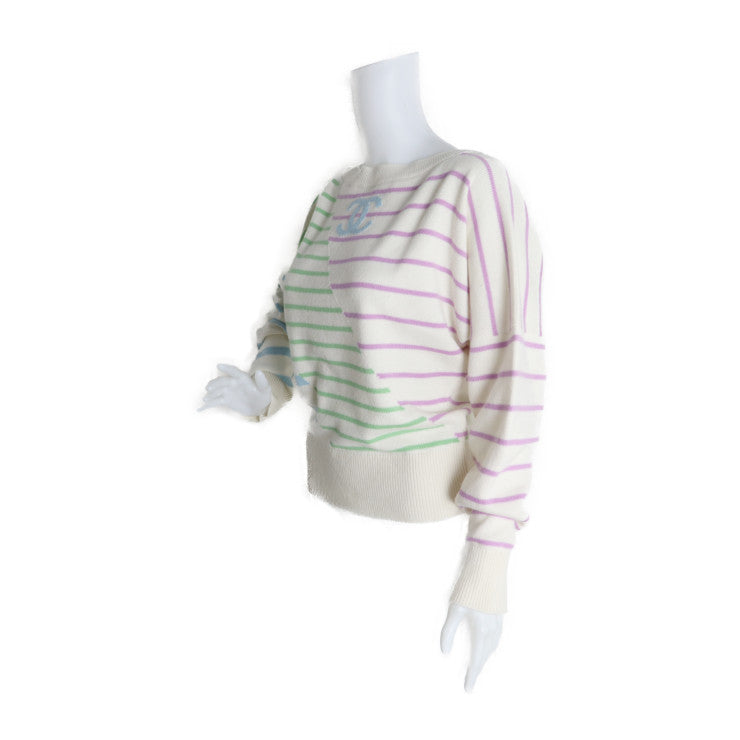 美品 CHANEL シャネル ココマーク セーター P62885K 48446 表記サイズ 38 カシミヤ アイボリー マルチカラー ニット ボーダー ドルマンスリーブ プルオーバー