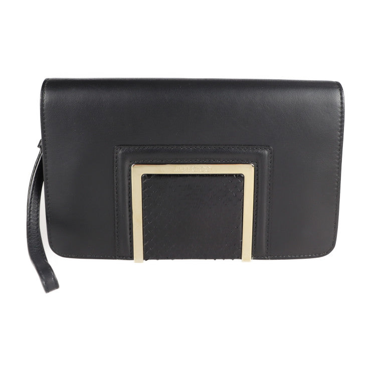 超美品 JIMMY CHOO ジミーチュウ ALARA クラッチバッグ パイソン カーフレザー ブラック ゴールド金具 リストレット セカンドバッグ