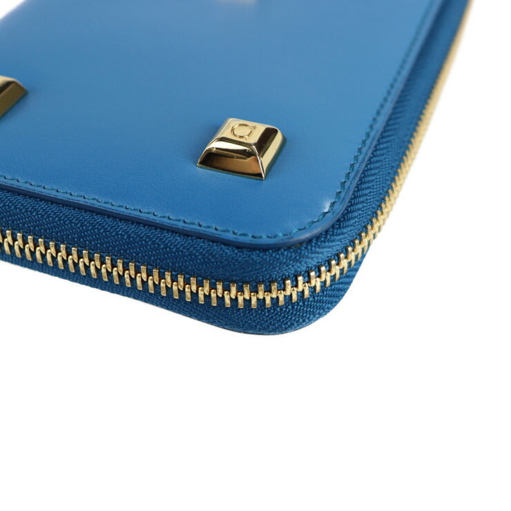 超美品 Salvatore Ferragamo サルヴァトーレ フェラガモ ガンチーニ 長財布 IY-22 D572 レザー ブルー系 ゴールド金具 ラウンドファスナー スタッズ リストレット