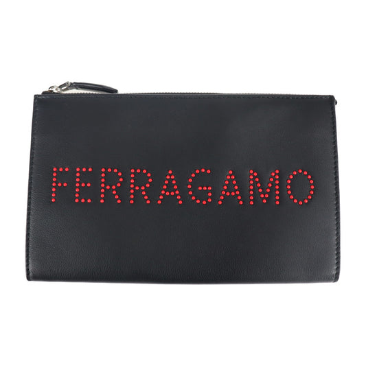 超美品 Salvatore Ferragamo サルヴァトーレ フェラガモ ロゴ スタッズ クラッチバッグ 24 A121 レザー ブラック レッド セカンドバッグ ポーチ