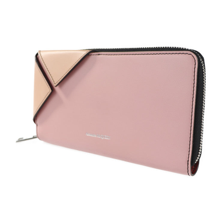 新品未使用展示品 Alexander McQueen アレキサンダーマックイーン ラウンドジップ ウォレット 長財布 554214 レザー ピンク ベージュ シルバー金具 ラウンドファスナー