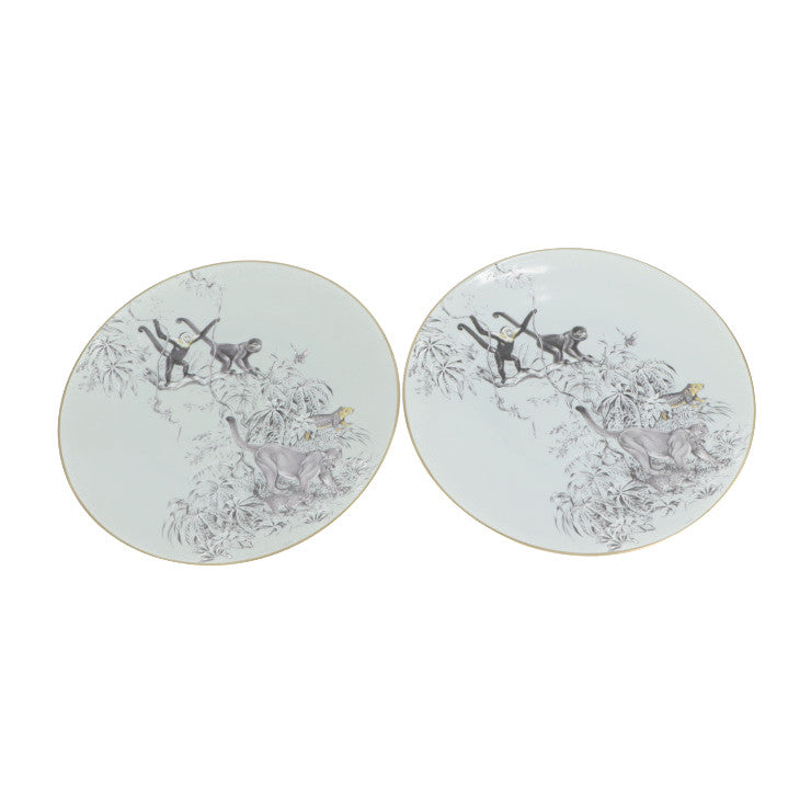 新品未使用展示品 HERMES エルメス 赤道直下のスケッチ 食器 - 陶磁器 ペールアクア系 マルチカラー 日本未入荷 サービング プレート 大皿 32cm 猿 アニマル 2点セット