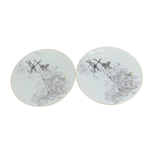 新品未使用展示品 HERMES エルメス 赤道直下のスケッチ 食器 - 陶磁器 ペールアクア系 マルチカラー 日本未入荷 サービング プレート 大皿 32cm 猿 アニマル 2点セット