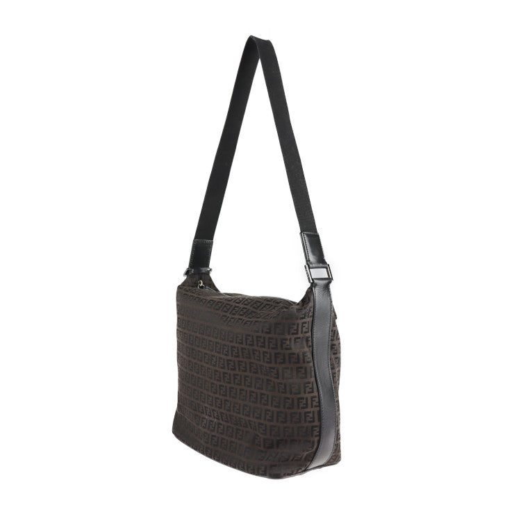 美品 FENDI フェンディ ズッキーノ ショルダーバッグ 7VA003 キャンバス レザー ダークブラウン ブラック メッセンジャーバッグ トートバッグ