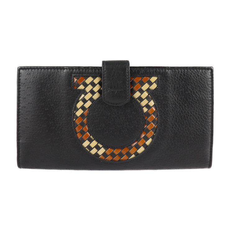 美品 Salvatore Ferragamo サルヴァトーレ フェラガモ ガンチーニ 長財布 22 7221 レザー ブラック 編み込み柄 二つ折り財布