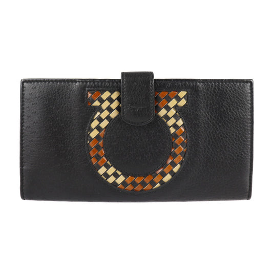 美品 Salvatore Ferragamo サルヴァトーレ フェラガモ ガンチーニ 長財布 22 7221 レザー ブラック 編み込み柄 二つ折り財布