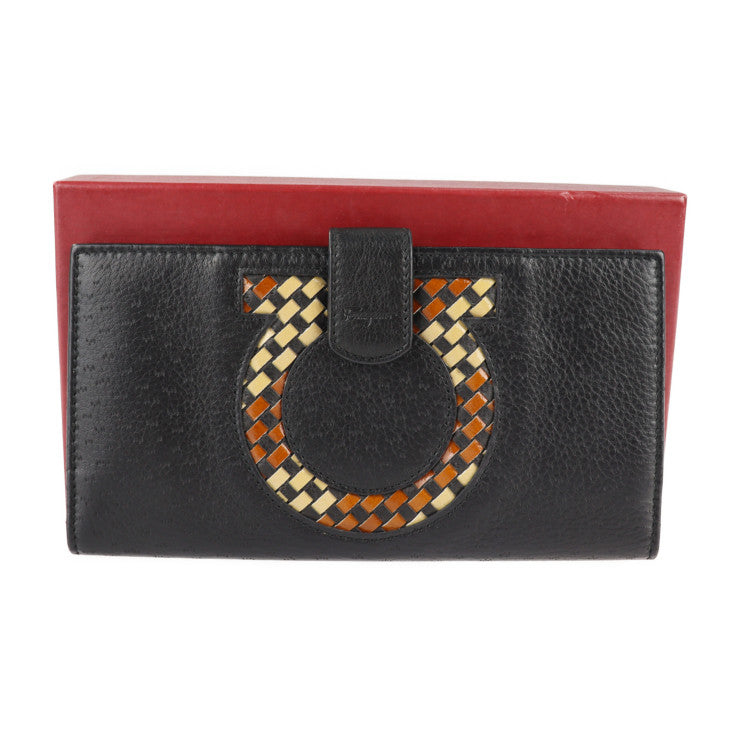 美品 Salvatore Ferragamo サルヴァトーレ フェラガモ ガンチーニ 長財布 22 7221 レザー ブラック 編み込み柄 二つ折り財布