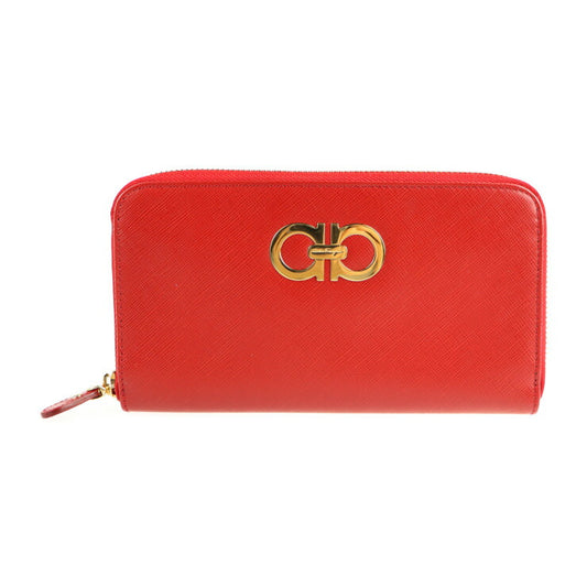 超美品 Salvatore Ferragamo サルヴァトーレ フェラガモ ガンチーニ 長財布 22 B300 レザー ROSSO レッド系 ゴールド金具 ラウンドファスナー