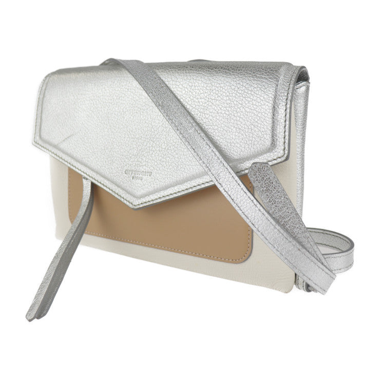 美品 GIVENCHY ジバンシィ デュエット ショルダーバッグ BB500VB01C レザー シルバー アイボリー ブラウン フラップ