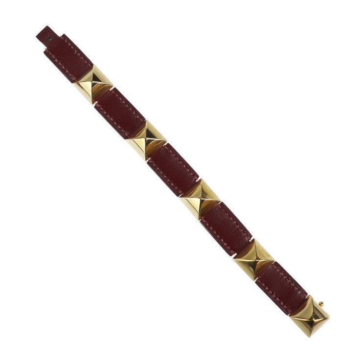 美品 HERMES エルメス メドール ブレスレット レザー レッド ゴールド金具 〇V刻印 ゴールド金具 ヴィンテージ スタッズ