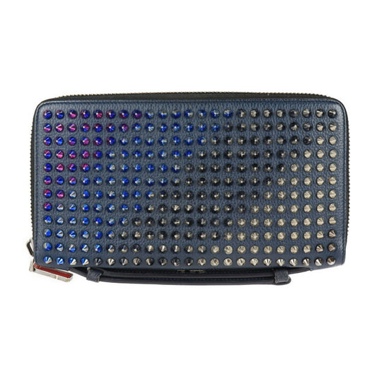 美品 Christian Louboutin クリスチャンルブタン パネトーネ ウォレットXL 長財布 3175209 レザー ネイビー マルチカラー スパイクスタッズ ラウンドファスナー クラッチ ハンドバッグ トラベルケース