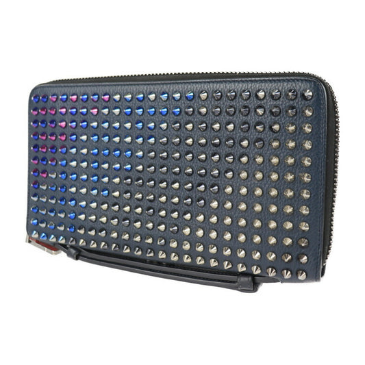 美品 Christian Louboutin クリスチャンルブタン パネトーネ ウォレットXL 長財布 3175209 レザー ネイビー マルチカラー スパイクスタッズ ラウンドファスナー クラッチ ハンドバッグ トラベルケース