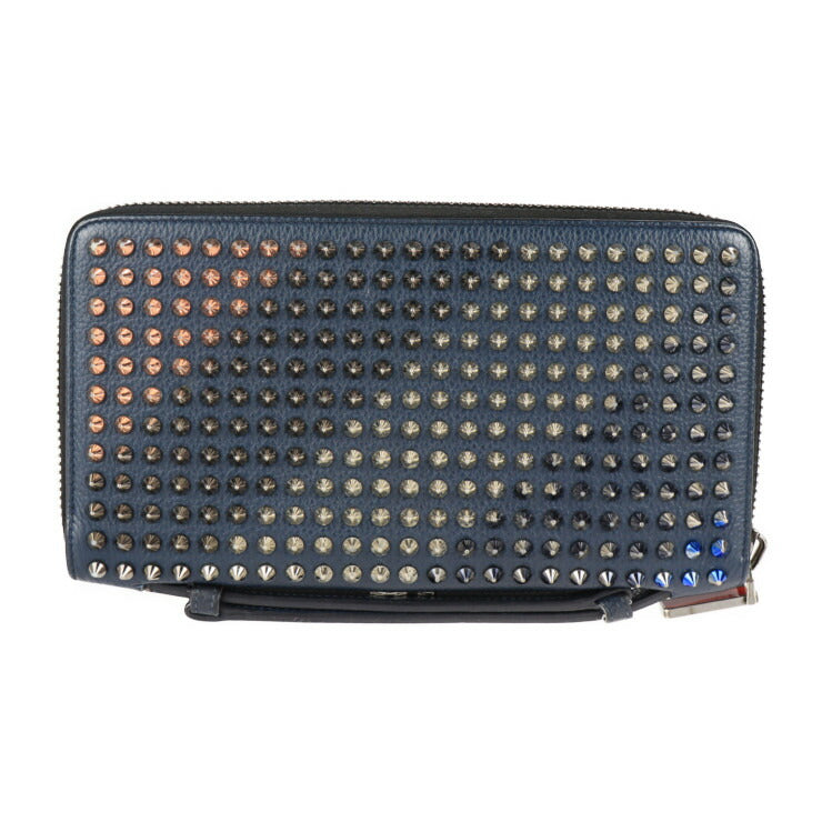 美品 Christian Louboutin クリスチャンルブタン パネトーネ ウォレットXL 長財布 3175209 レザー ネイビー マルチカラー スパイクスタッズ ラウンドファスナー クラッチ ハンドバッグ トラベルケース