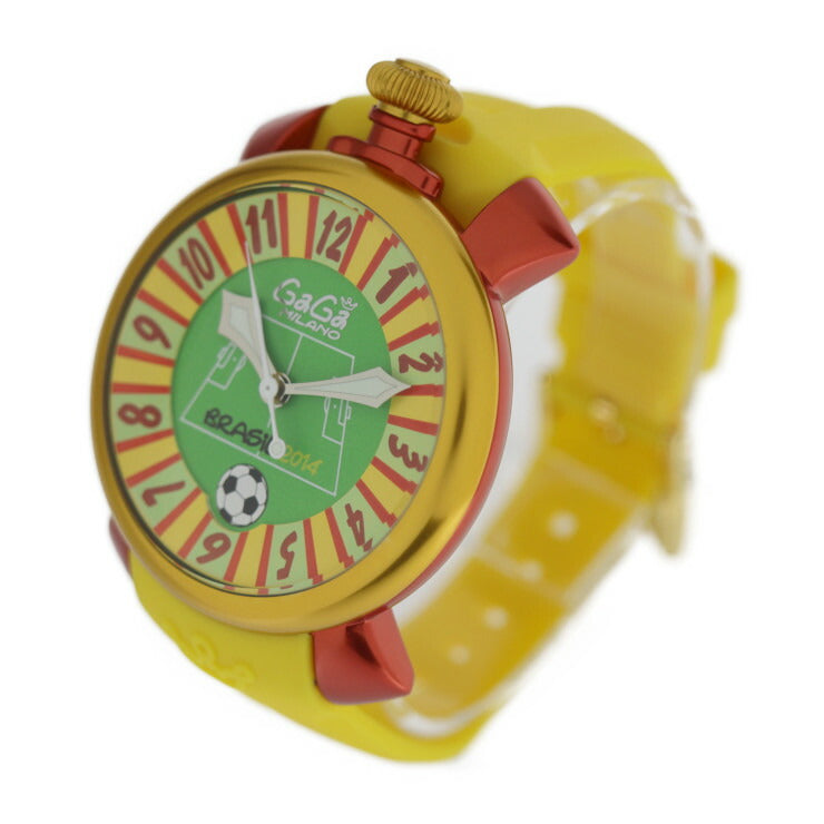 超美品 Gaga Milano ガガミラノ 2014年 ブラジルワールドカップ スペインモデル MANUALE 48MM マヌアーレ48mm マニュアーレ48 腕時計 5070.5 アルミ ラバー ゴールド レッド イエロー グリーン文字盤 裏スケ 自動巻き 世界300本限定