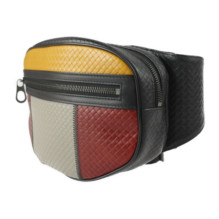 超美品 BOTTEGAVENETA ボッテガヴェネタ BELT BAG IN MICRO INTRECCIATO EMBOSSED マイクロ イントレチャート ウエストバッグ 547889 カーフレザー ブラック マルチカラー マイクロ イントレッチオ エンボスド ベルトバッグ ボディバッグ