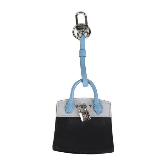 超美品 LOUIS VUITTON ルイ ヴィトン シティ スティーマ キーホルダー MP1786 レザー ブラック ライトブルー系 シルバー金具 バッグチャーム キーリング ビトン