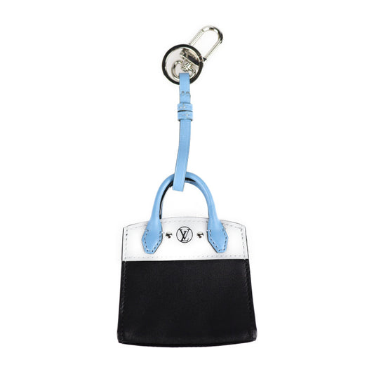 超美品 LOUIS VUITTON ルイ ヴィトン シティ スティーマ キーホルダー MP1786 レザー ブラック ライトブルー系 シルバー金具 バッグチャーム キーリング ビトン