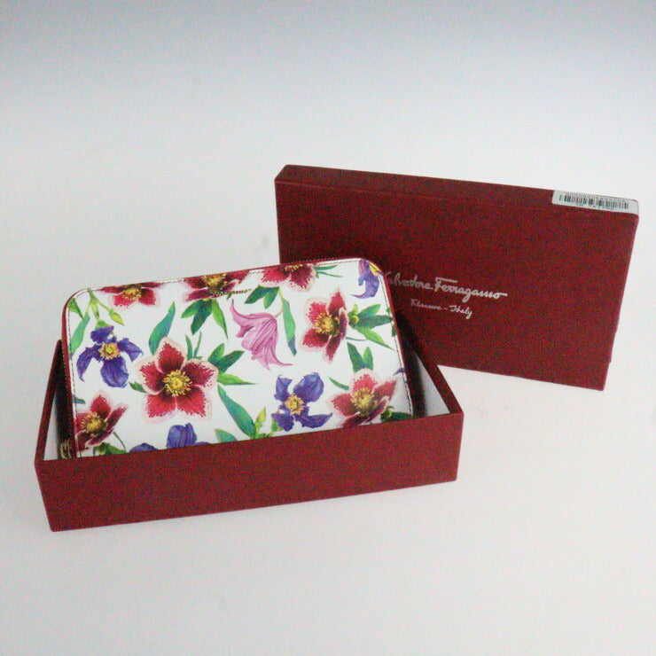 超美品 Salvatore Ferragamo サルヴァトーレ フェラガモ 財布 長財布 22 D178 カーフレザー STBOUQUET WHITE MULTI ホワイト系マルチカラー フラワープリント ラウンドファスナー ジップアラウンド マルチカラー