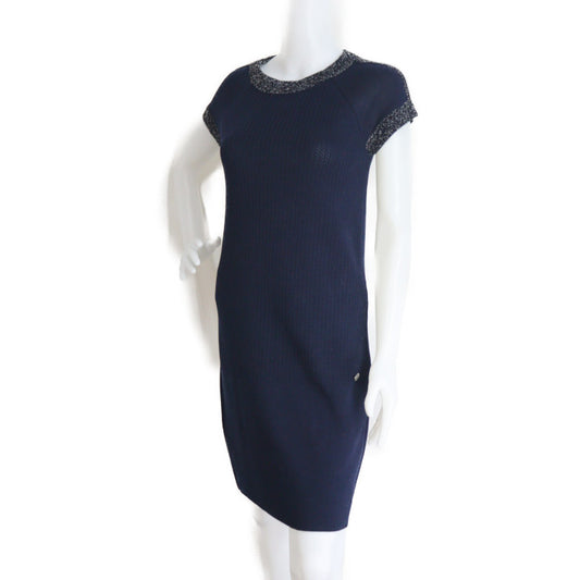 美品 CHANEL シャネル アパレル ワンピース P43319K04446 表記サイズ 36 コットン100% シルク100% ネイビー 半袖ニット ショートスリーブ ココマーク ココボタン