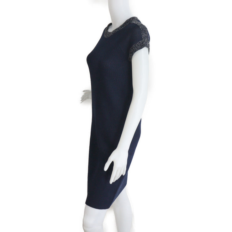 美品 CHANEL シャネル アパレル ワンピース P43319K04446 表記サイズ 36 コットン100% シルク100% ネイビー 半袖ニット ショートスリーブ ココマーク ココボタン