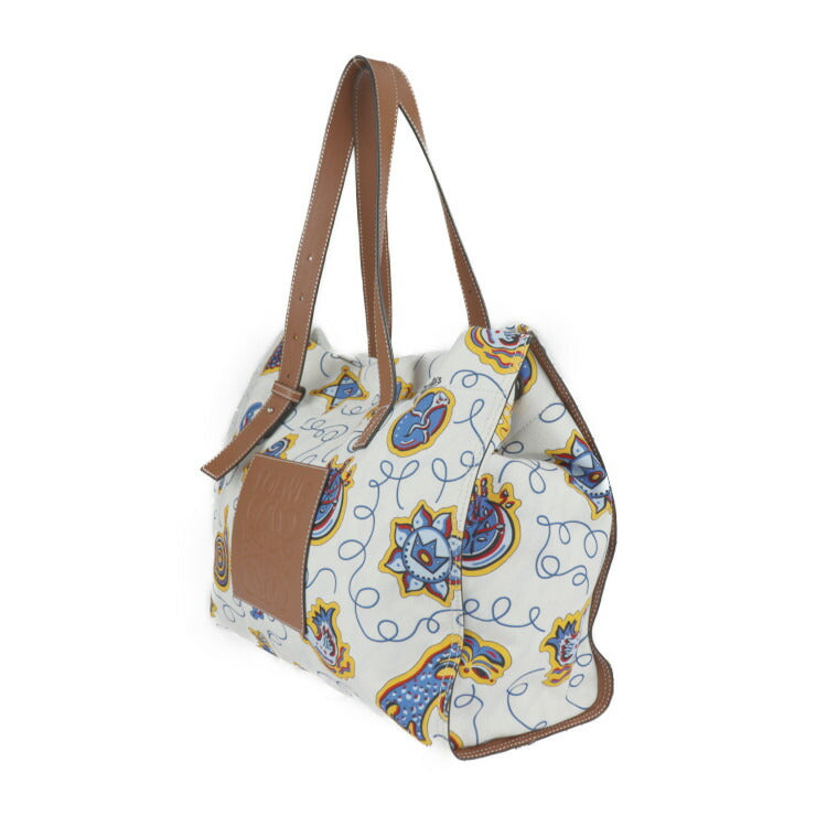 LOEWE ロエベ PAULA’S IBIZA パウラズイビザ コラボ トートバッグ - キャンバス レザー ホワイト ブルー マルチカラー ブラウン ショルダーバッグ プリント アナグラム