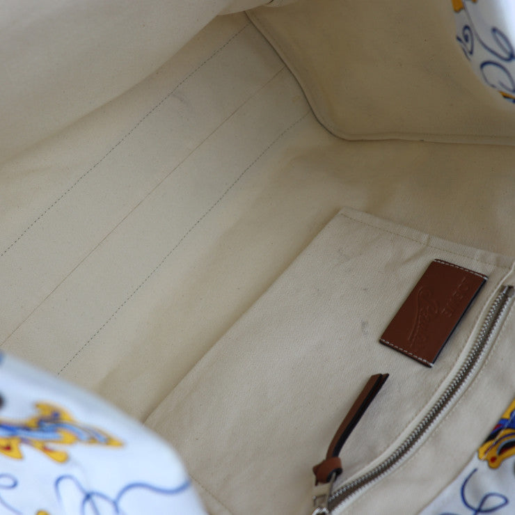 LOEWE ロエベ PAULA’S IBIZA パウラズイビザ コラボ トートバッグ - キャンバス レザー ホワイト ブルー マルチカラー ブラウン ショルダーバッグ プリント アナグラム