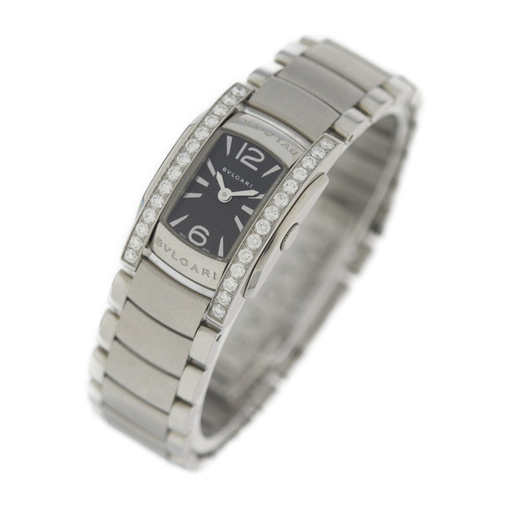 美品 BVLGARI ブルガリ アショーマD 腕時計 AA26BSDS（AA26S） ステンレススチール ダイヤモンド シルバー 黒文字盤 ダイヤベゼル クオーツ QZ