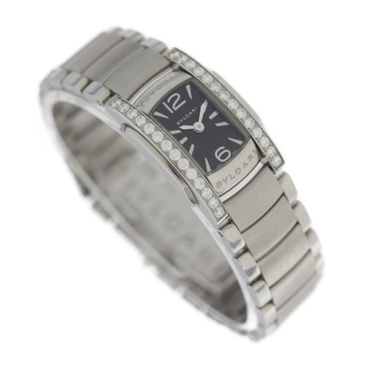 美品 BVLGARI ブルガリ アショーマD 腕時計 AA26BSDS（AA26S） ステンレススチール ダイヤモンド シルバー 黒文字盤 ダイヤベゼル クオーツ QZ