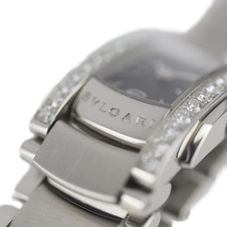 美品 BVLGARI ブルガリ アショーマD 腕時計 AA26BSDS（AA26S） ステンレススチール ダイヤモンド シルバー 黒文字盤 ダイヤベゼル クオーツ QZ