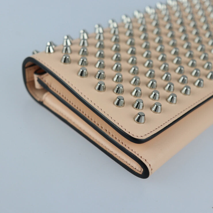 超美品 Christian Louboutin クリスチャンルブタン MACARON マカロン 長財布 1175108 レザー ライトピンク系 シルバー金具 スタッズ リストレット 二つ折り長財布