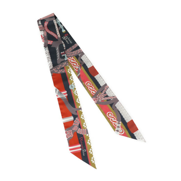 新品未使用展示品 HERMES エルメス FANTAISIE D’ETRIERS 鎧の幻想 ツイリー スカーフ 063921S 35 シルク ANTHRACITE CORAIL リボンスカーフ 2022年秋冬