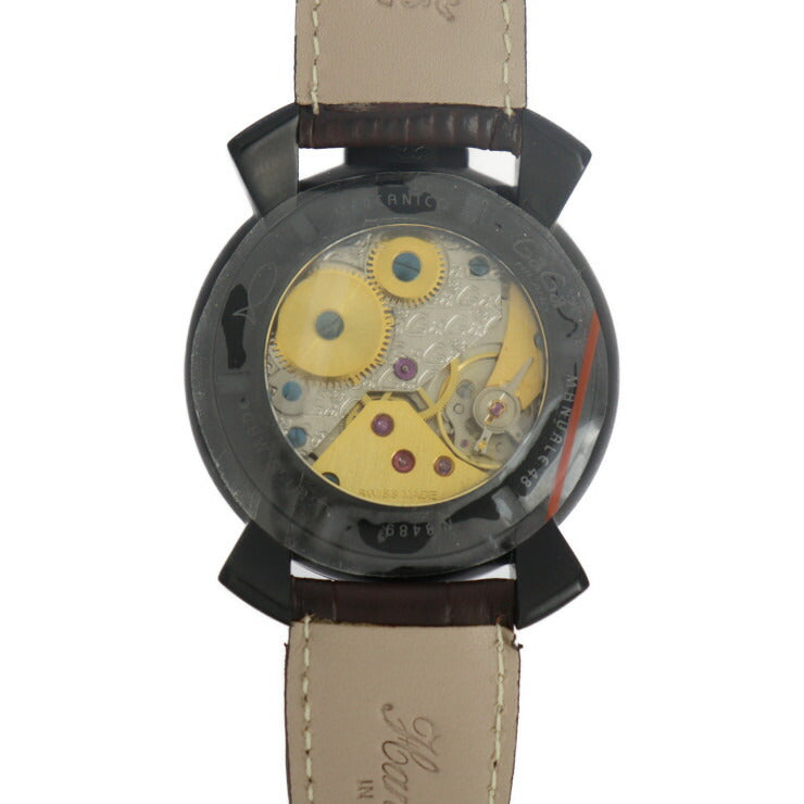 超美品 Gaga Milano ガガミラノ マヌアーレ48 腕時計 5012.04S ステンレススチール レザー ブラック ブラウン 裏スケ 手巻き