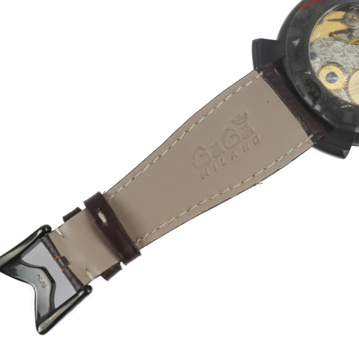 超美品 Gaga Milano ガガミラノ マヌアーレ48 腕時計 5012.04S ステンレススチール レザー ブラック ブラウン 裏スケ 手巻き