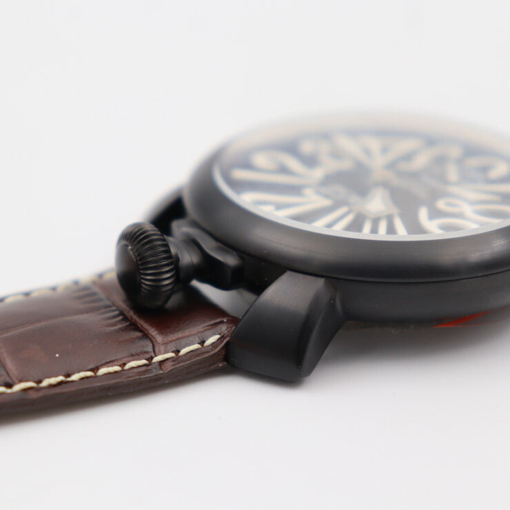 超美品 Gaga Milano ガガミラノ マヌアーレ48 腕時計 5012.04S ステンレススチール レザー ブラック ブラウン 裏スケ 手巻き