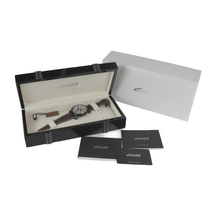 超美品 Gaga Milano ガガミラノ マヌアーレ48 腕時計 5012.04S ステンレススチール レザー ブラック ブラウン 裏スケ 手巻き