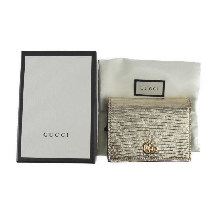 美品 GUCCI グッチ コンパクトウォレット GGマーモント 二つ折り財布 456126 EYZAG リザード レザー ゴールド