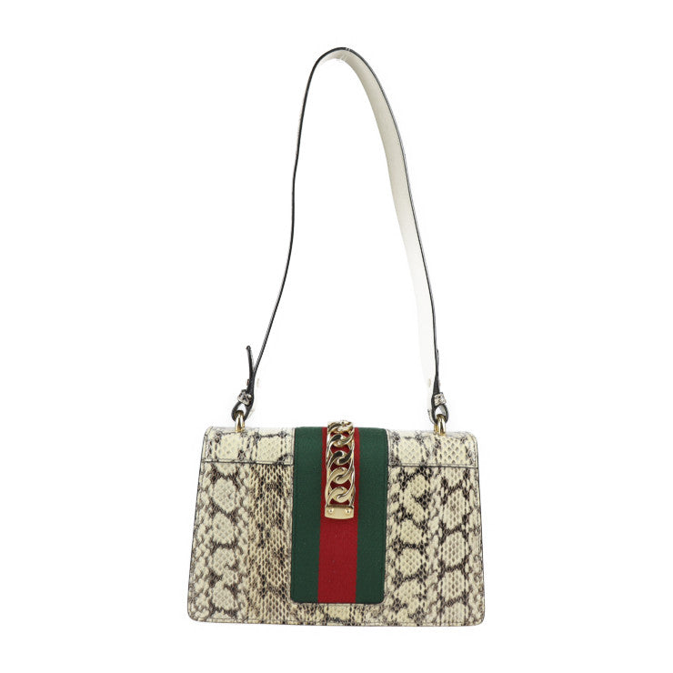 美品 GUCCI グッチ シルヴィ シェリーライン ショルダーバッグ 421882 パイソン レザー ベージュ系 ゴールド金具 ベルトモチーフ金具
