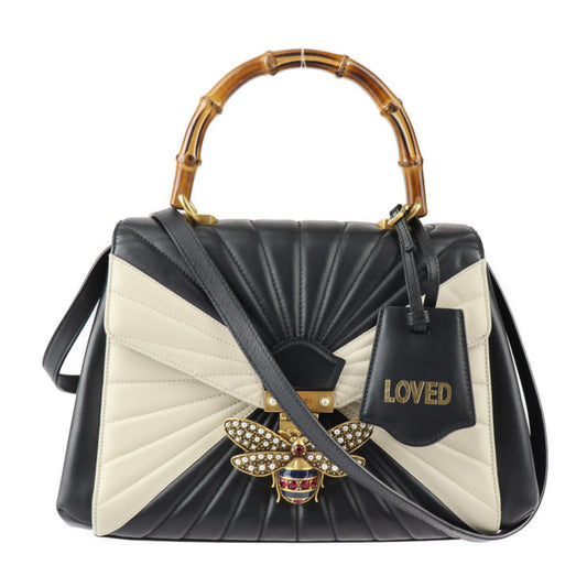 美品 GUCCI グッチ クイーンマーガレット トップハンドル バンブー ハンドバッグ 476531 カーフレザー ブラック アイボリー ゴールド金具 2WAY ショルダーバッグ 蜂 bee ビー