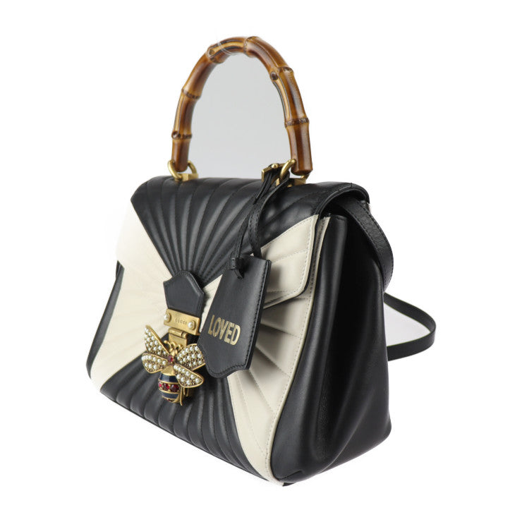 美品 GUCCI グッチ クイーンマーガレット トップハンドル バンブー ハンドバッグ 476531 カーフレザー ブラック アイボリー ゴールド金具 2WAY ショルダーバッグ 蜂 bee ビー