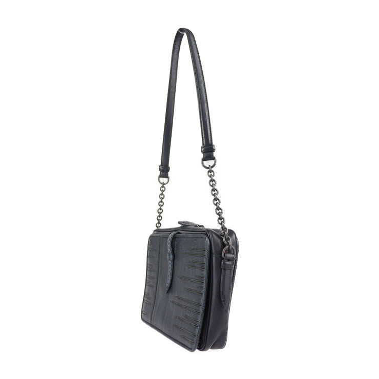 超美品 BOTTEGAVENETA ボッテガヴェネタ イントレチャート ショルダーバッグ 396485 ラムスキン リザード×パイソン×エナメル ブラック ガンメタル金具 チェーンショルダー エキゾチックレザー
