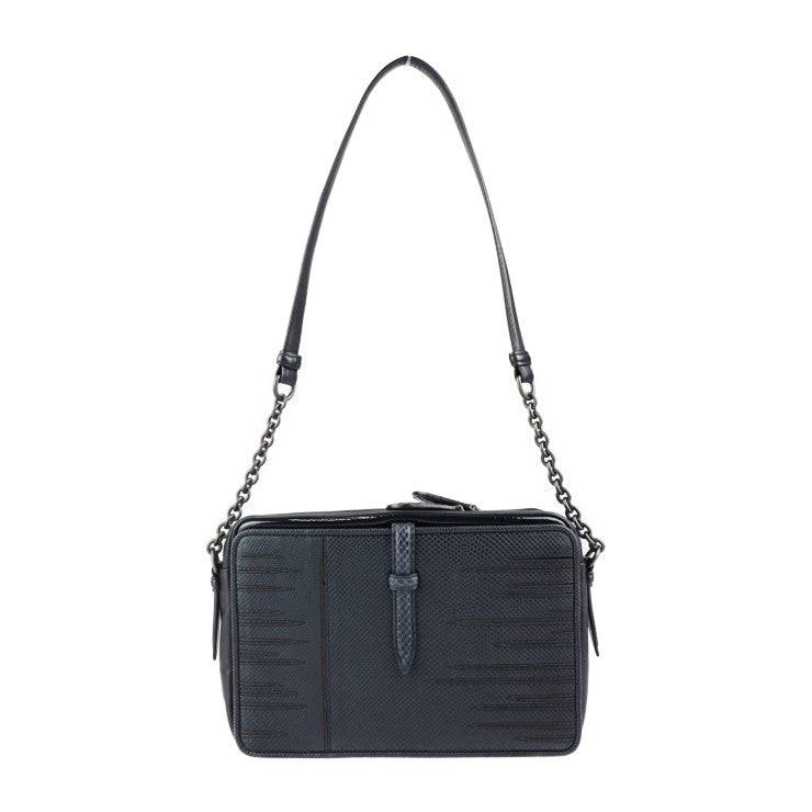 超美品 BOTTEGAVENETA ボッテガヴェネタ イントレチャート ショルダーバッグ 396485 ラムスキン リザード×パイソン×エナメル ブラック ガンメタル金具 チェーンショルダー エキゾチックレザー