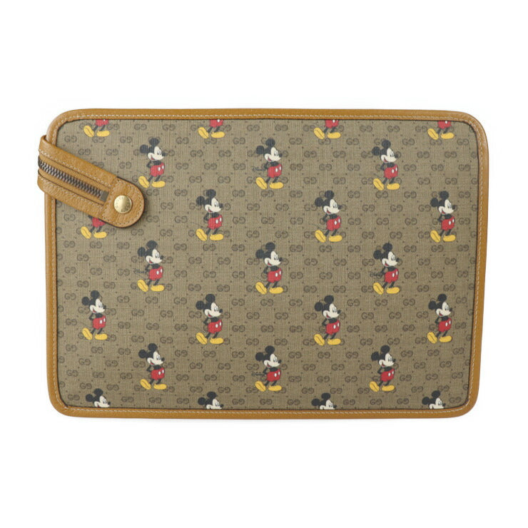 新品未使用展示品 GUCCI グッチ ディズニーコラボ ミッキー ミニGGスプリーム セカンドバッグ 602552 PVC レザー ブラウン系 ゴールド金具 クラッチバッグ ポーチ
