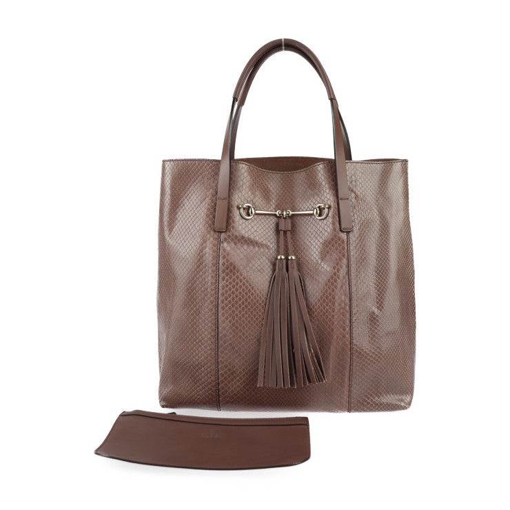 GUCCI グッチ ホースビット トートバッグ 297006 パイソン レザー パープルブラウン系 ゴールド金具 ショルダーバッグ タッセル フリンジ ポーチ付き