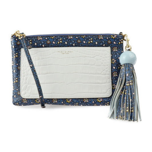 超美品 Tory Burch トリーバーチ カラーブロック タッセル クロスボディ ショルダーバッグ - レザー BLUE WILD PANSY ブルー系マルチカラー ゴールド金具 2WAY クラッチバッグ ポーチ 花柄 フラワープリント クロコ型押し