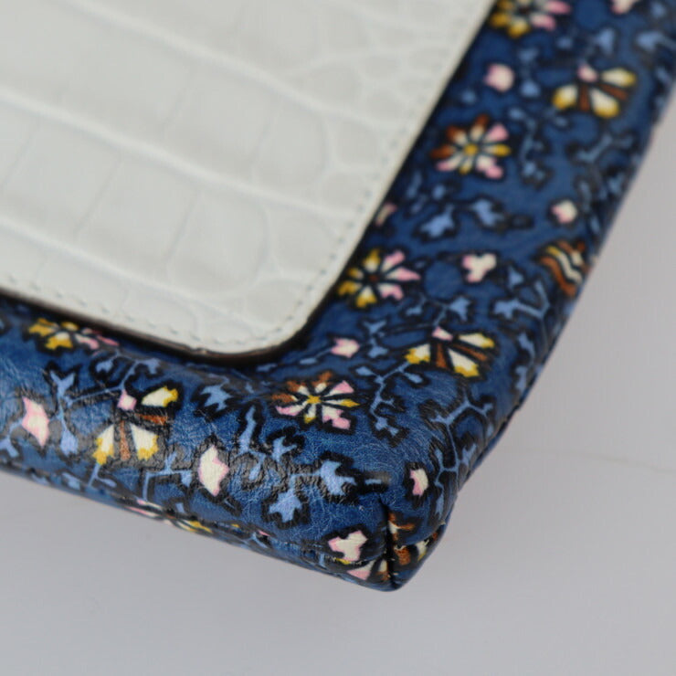 超美品 Tory Burch トリーバーチ カラーブロック タッセル クロスボディ ショルダーバッグ - レザー BLUE WILD PANSY ブルー系マルチカラー ゴールド金具 2WAY クラッチバッグ ポーチ 花柄 フラワープリント クロコ型押し