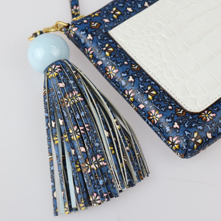 超美品 Tory Burch トリーバーチ カラーブロック タッセル クロスボディ ショルダーバッグ - レザー BLUE WILD PANSY ブルー系マルチカラー ゴールド金具 2WAY クラッチバッグ ポーチ 花柄 フラワープリント クロコ型押し