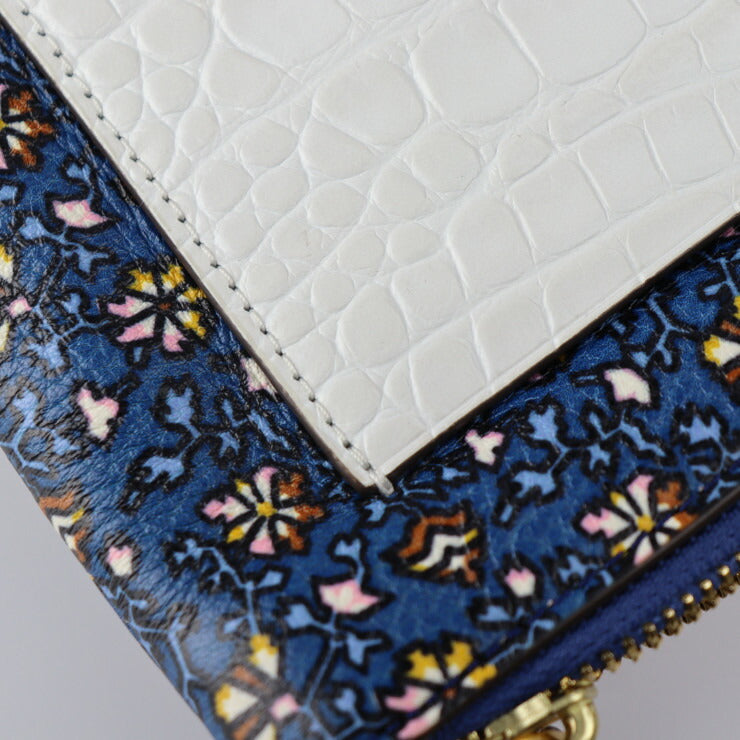 超美品 Tory Burch トリーバーチ カラーブロック タッセル クロスボディ ショルダーバッグ - レザー BLUE WILD PANSY ブルー系マルチカラー ゴールド金具 2WAY クラッチバッグ ポーチ 花柄 フラワープリント クロコ型押し