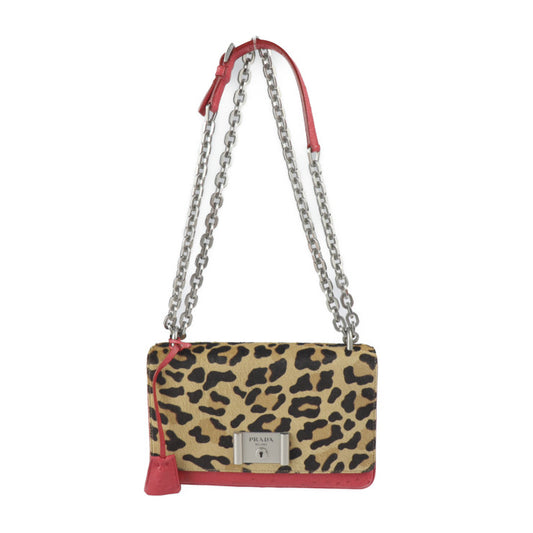 新古未使用展示品 PRADA プラダ ショルダーバッグ 1BD009 ハラコ オーストリッチ ブラウン系 レッド系 シルバー金具 レオパード 豹柄 チェーンショルダーバッグ