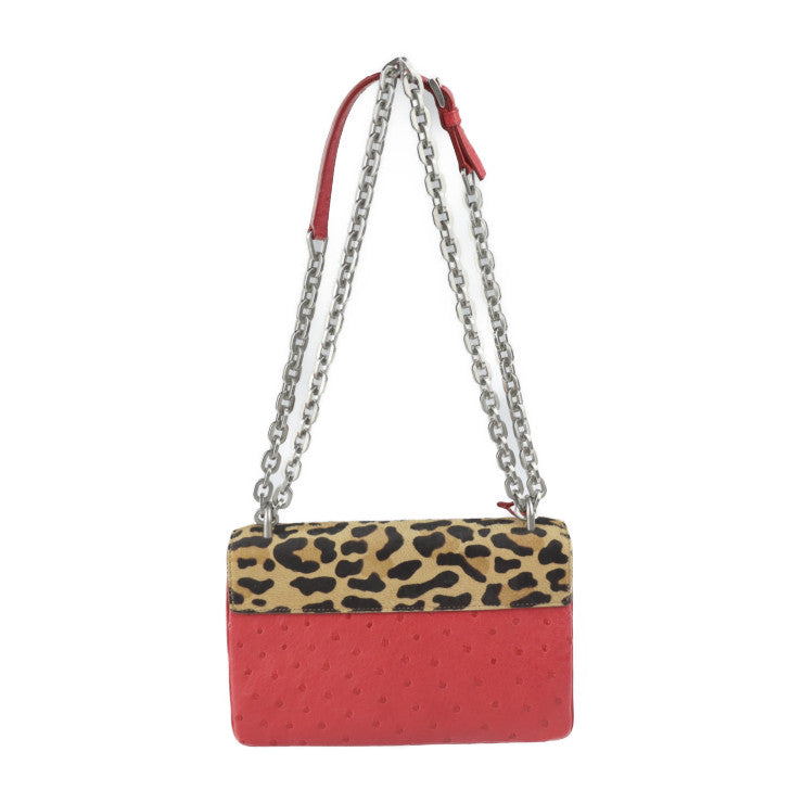 新古未使用展示品 PRADA プラダ ショルダーバッグ 1BD009 ハラコ オーストリッチ ブラウン系 レッド系 シルバー金具 レオパード 豹柄 チェーンショルダーバッグ