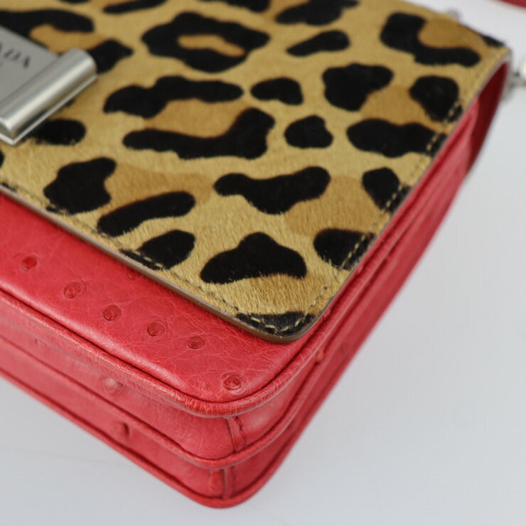 新古未使用展示品 PRADA プラダ ショルダーバッグ 1BD009 ハラコ オーストリッチ ブラウン系 レッド系 シルバー金具 レオパード 豹柄 チェーンショルダーバッグ